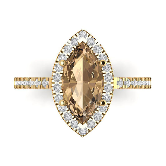 2.38 cttw Zirconia Simulated Champagne Diamond Hidden Halo Engagement Ring - Solid Yellow Gold (VVS1, Marquise Cut,12x6mm )