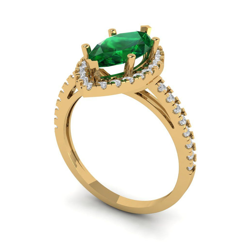 2.38 ct Brilliant Marquise Cut Simulated Emerald Stone Yellow Gold Halo Solitaire with Accents Ring