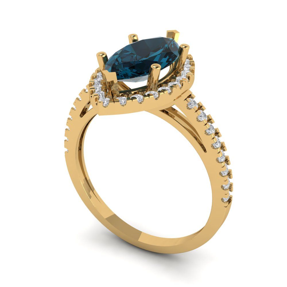 2.38 cttw Natural London Blue Topaz Hidden Halo Engagement Ring - Solid Gold (Marquise Cut,12x6mm )