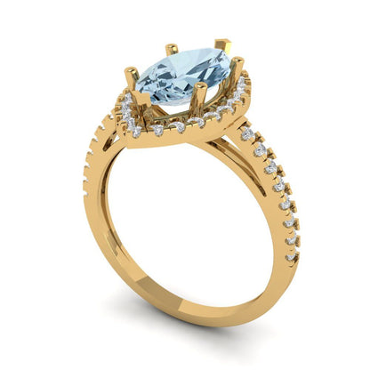 2.38 cttw Zirconia Simulated Blue Diamond Hidden Halo Engagement Ring - Solid Gold (VVS1, Marquise Cut,12x6mm )