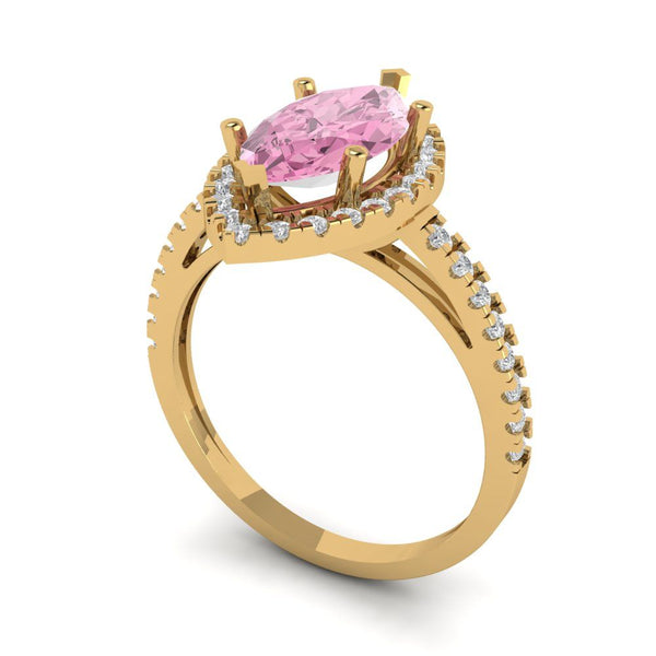 2.38 ct Brilliant Marquise Cut Pink Simulated Diamond Stone Yellow Gold Halo Solitaire with Accents Ring