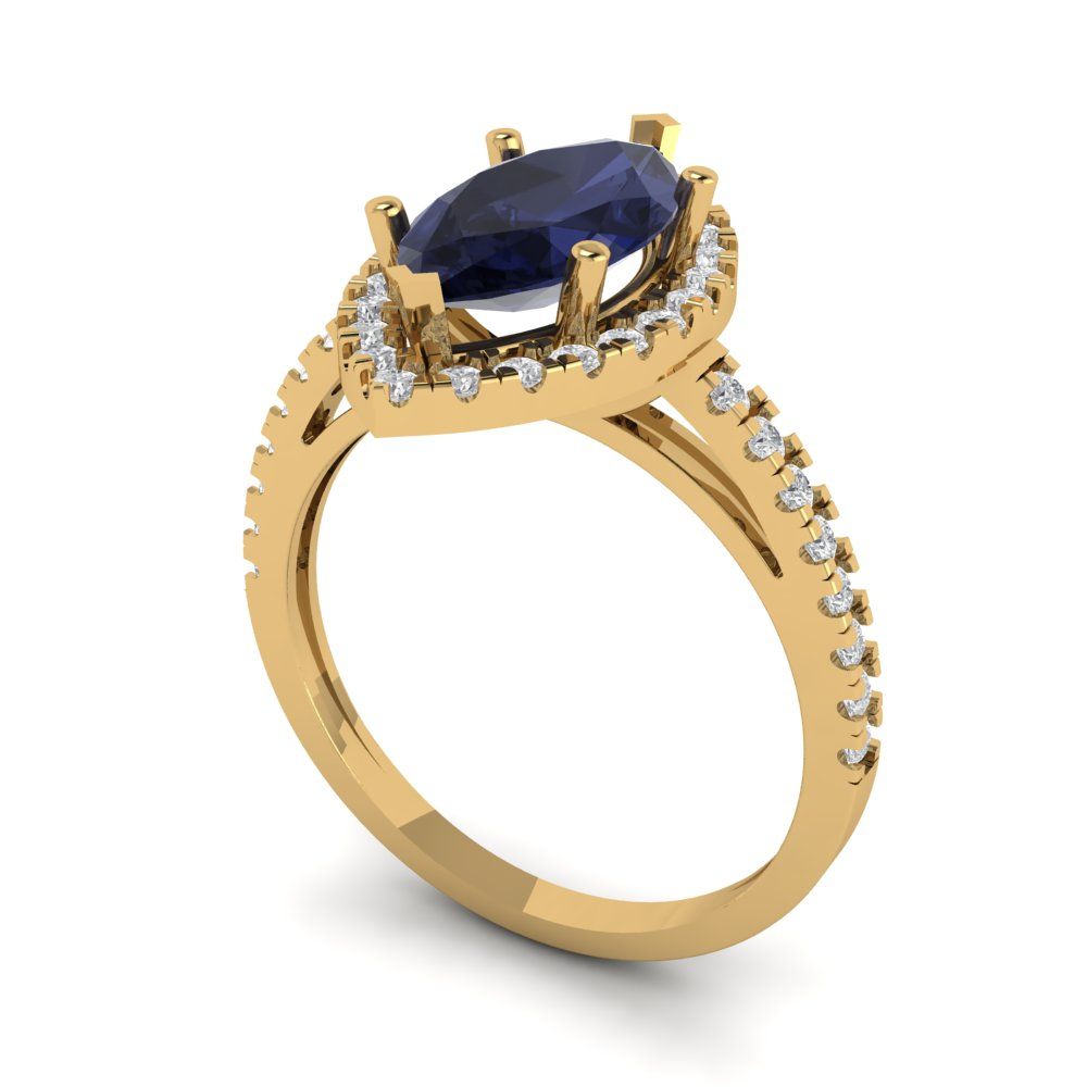 2.38 cttw Simulated Blue Sapphire Hidden Halo Engagement Ring - Solid Gold (Marquise Cut,12x6mm )