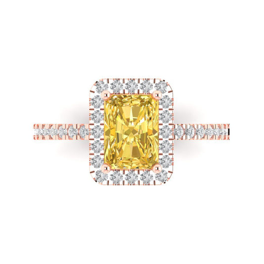 1.86 cttw Zirconia Simulated Yellow Diamond Hidden Halo Engagement Ring - Solid Rose Gold (VVS1, Emerald Cut,7.5x5.5mm)