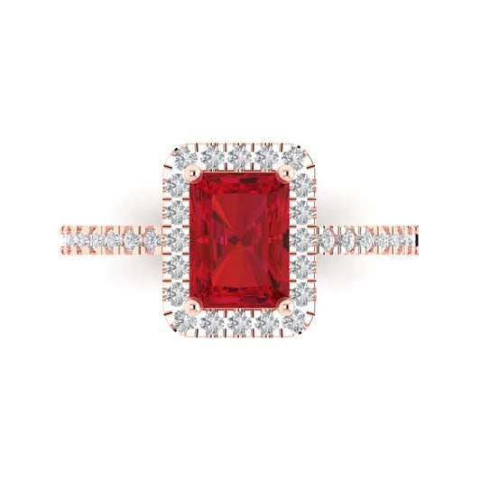 1.86 cttw Simulated Ruby Hidden Halo Engagement Ring - Solid Rose Gold (VVS1, Emerald Cut,7.5x5.5mm)