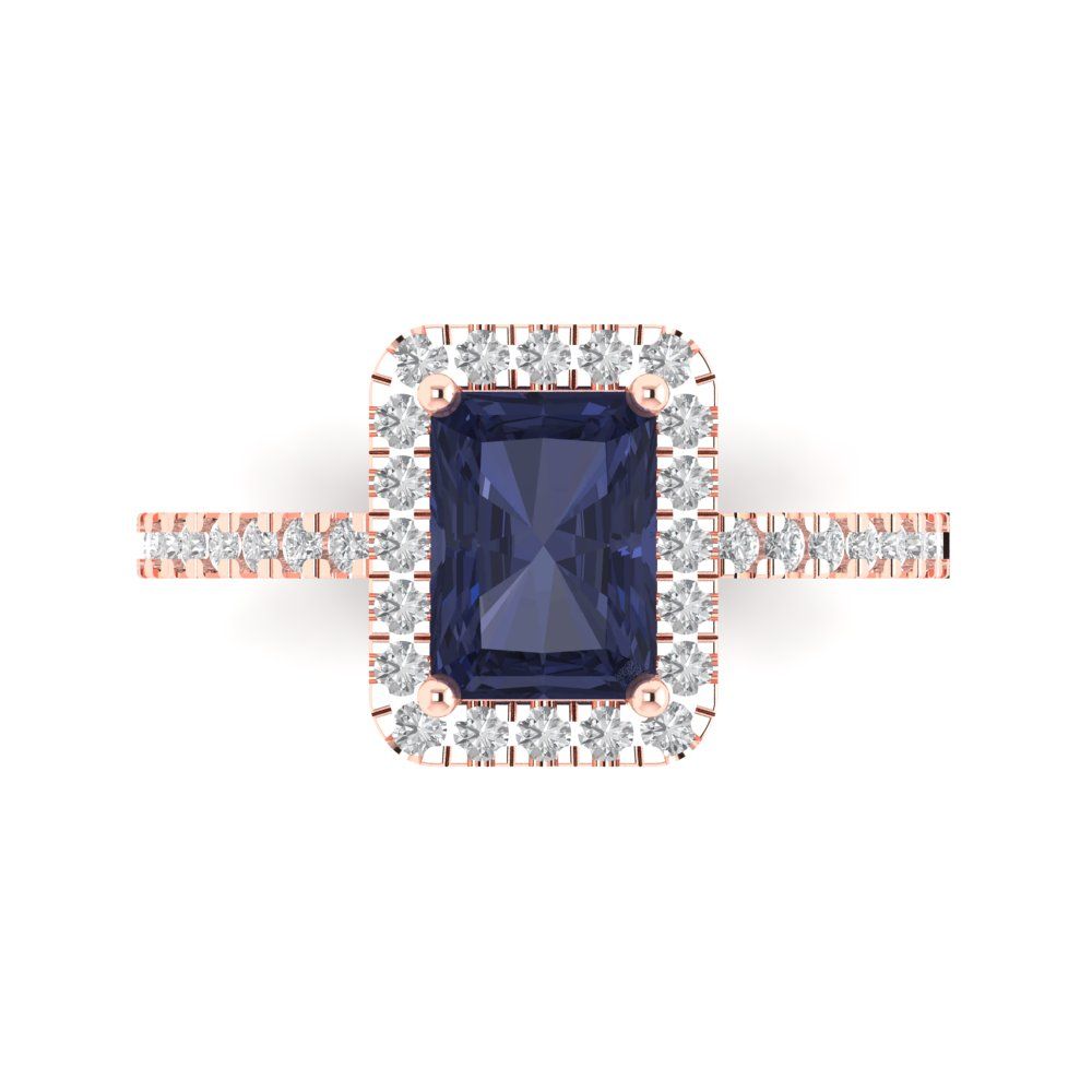 1.86 cttw Simulated Blue Sapphire Hidden Halo Engagement Ring - Solid Gold (Emerald Cut,7.5x5.5mm)