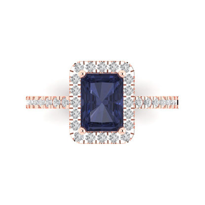 1.86 cttw Simulated Blue Sapphire Hidden Halo Engagement Ring - Solid Gold (Emerald Cut,7.5x5.5mm)