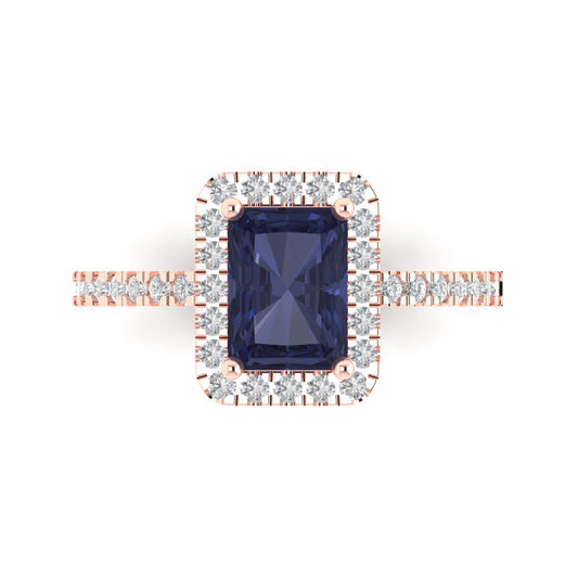 1.86 cttw Simulated Blue Sapphire Hidden Halo Engagement Ring - Solid Rose Gold (VVS1, Emerald Cut,7.5x5.5mm)