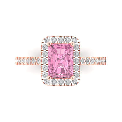 1.86 cttw Zirconia Simulated Pink Diamond Hidden Halo Engagement Ring - Solid Gold (VVS1, Emerald Cut,7.5x5.5mm)