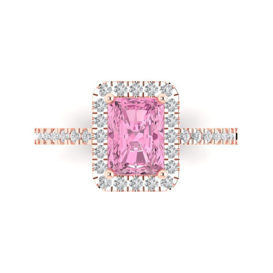 1.86 cttw Zirconia Simulated Pink Diamond Hidden Halo Engagement Ring - Solid Rose Gold (VVS1, Emerald Cut,7.5x5.5mm)