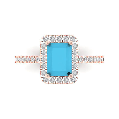 1.86 cttw Simulated Turquoise Hidden Halo Engagement Ring - Solid Gold (Emerald Cut,7.5x5.5mm)