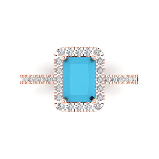 1.86 cttw Simulated Turquoise Hidden Halo Engagement Ring - Solid Rose Gold (VVS1, Emerald Cut,7.5x5.5mm)