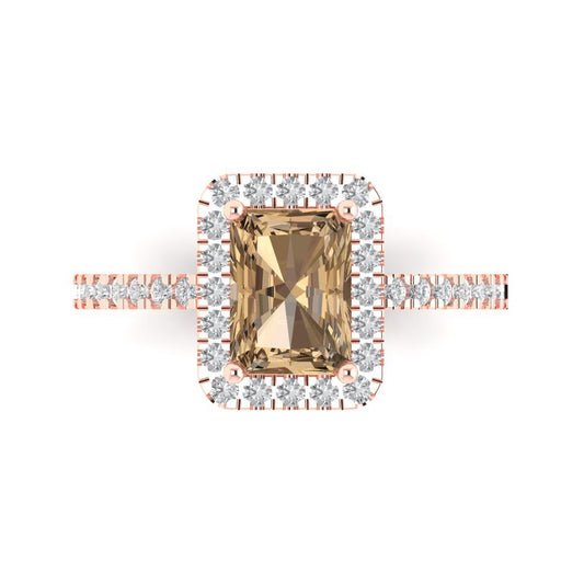 1.86 cttw Zirconia Simulated Champagne Diamond Hidden Halo Engagement Ring - Solid Rose Gold (VVS1, Emerald Cut,7.5x5.5mm)