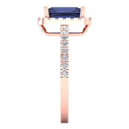 1.86 cttw Simulated Blue Sapphire Hidden Halo Engagement Ring - Solid Gold (Emerald Cut,7.5x5.5mm)