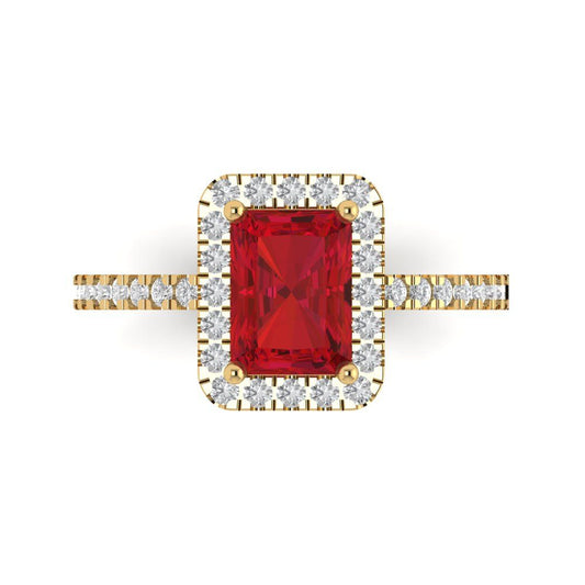 1.86 cttw Simulated Ruby Hidden Halo Engagement Ring - Solid Yellow Gold (VVS1, Emerald Cut,7.5x5.5mm)