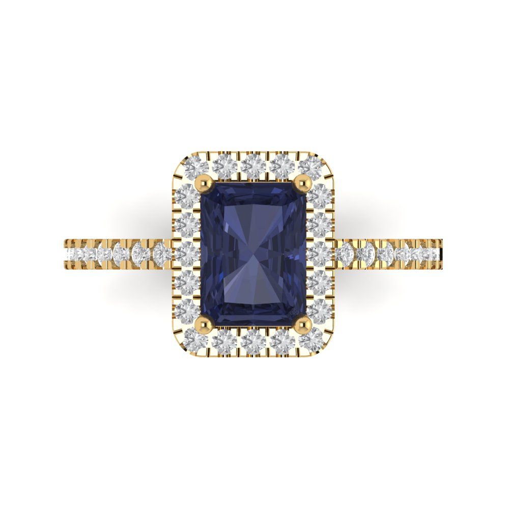 1.86 cttw Simulated Blue Sapphire Hidden Halo Engagement Ring - Solid Gold (Emerald Cut,7.5x5.5mm)