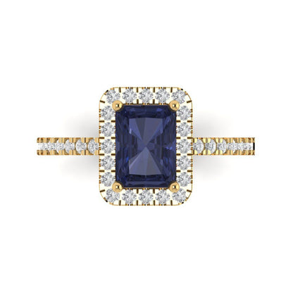 1.86 cttw Simulated Blue Sapphire Hidden Halo Engagement Ring - Solid Gold (Emerald Cut,7.5x5.5mm)