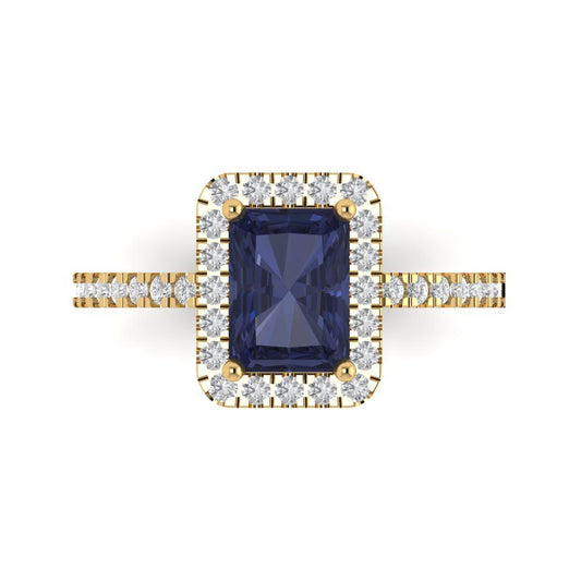1.86 cttw Simulated Blue Sapphire Hidden Halo Engagement Ring - Solid Yellow Gold (VVS1, Emerald Cut,7.5x5.5mm)