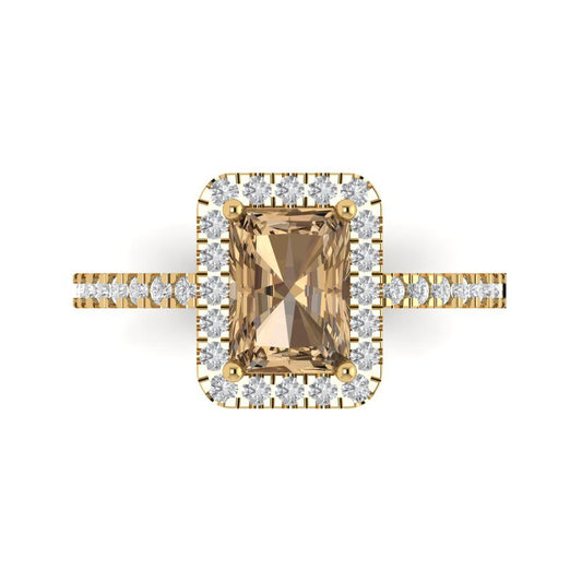 1.86 cttw Zirconia Simulated Champagne Diamond Hidden Halo Engagement Ring - Solid Yellow Gold (VVS1, Emerald Cut,7.5x5.5mm)