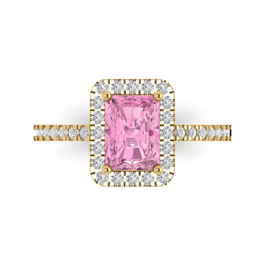 1.86 cttw Zirconia Simulated Pink Diamond Hidden Halo Engagement Ring - Solid Yellow Gold (VVS1, Emerald Cut,7.5x5.5mm)