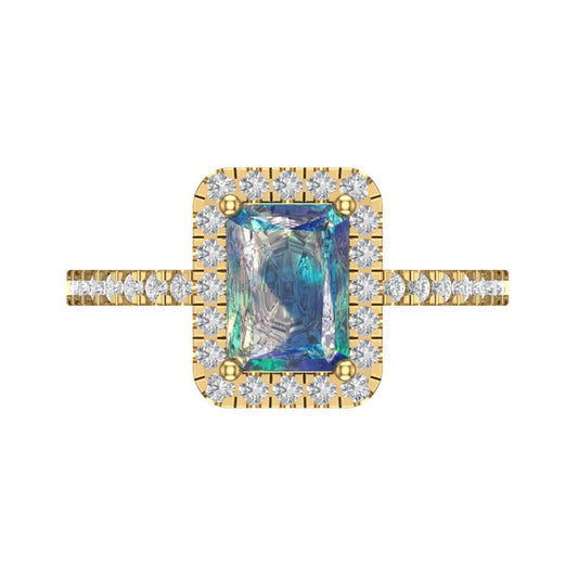 1.86 cttw Blue Moissanite Hidden Halo Engagement Ring - Solid Yellow Gold (VVS1, Emerald Cut,7.5x5.5mm)