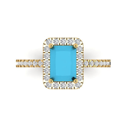 1.86 cttw Simulated Turquoise Hidden Halo Engagement Ring - Solid Gold (Emerald Cut,7.5x5.5mm)