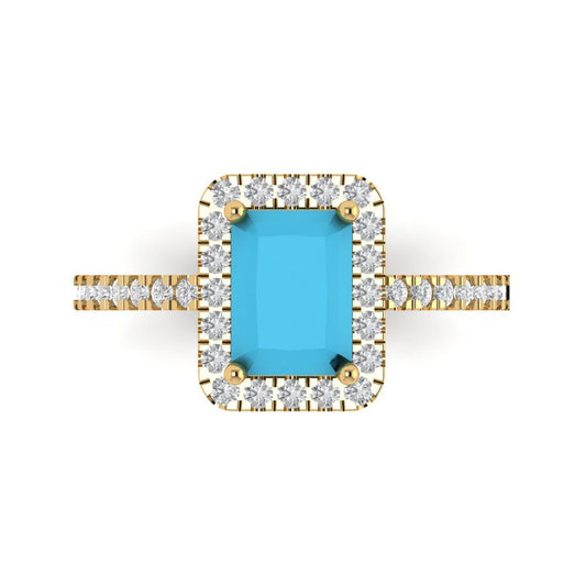 1.86 cttw Simulated Turquoise Hidden Halo Engagement Ring - Solid Yellow Gold (VVS1, Emerald Cut,7.5x5.5mm)