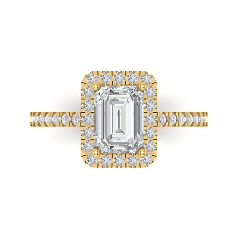 1.86 ct Brilliant Emerald Cut Natural Diamond Stone Clarity SI1-2 Color G-H Yellow Gold Halo Solitaire with Accents Ring