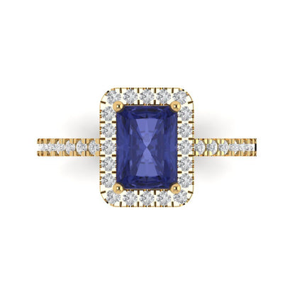 1.86 cttw Simulated Tanzanite Hidden Halo Engagement Ring - Solid Gold (Emerald Cut,7.5x5.5mm)