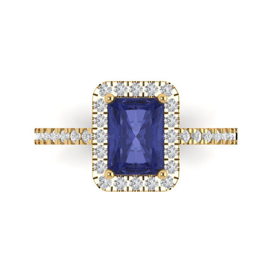 1.86 cttw Simulated Tanzanite Hidden Halo Engagement Ring - Solid Yellow Gold (VVS1, Emerald Cut,7.5x5.5mm)