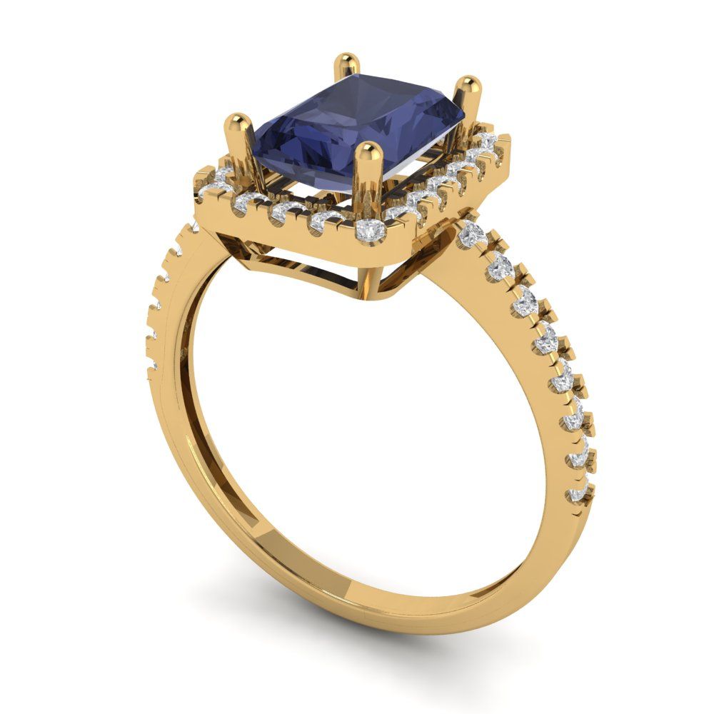 1.86 cttw Simulated Blue Sapphire Hidden Halo Engagement Ring - Solid Gold (Emerald Cut,7.5x5.5mm)