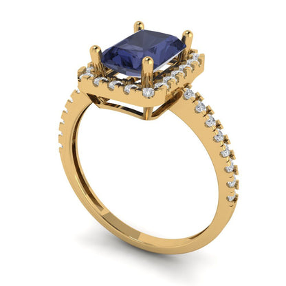 1.86 cttw Simulated Blue Sapphire Hidden Halo Engagement Ring - Solid Gold (Emerald Cut,7.5x5.5mm)