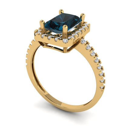 1.86 cttw Natural London Blue Topaz Hidden Halo Engagement Ring - Solid Gold (Emerald Cut,7.5x5.5mm)