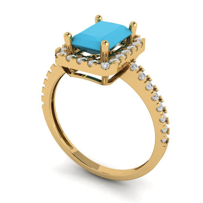 1.86 cttw Simulated Turquoise Hidden Halo Engagement Ring - Solid Gold (Emerald Cut,7.5x5.5mm)
