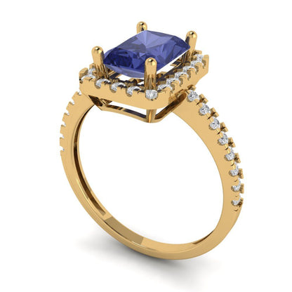 1.86 cttw Simulated Tanzanite Hidden Halo Engagement Ring - Solid Gold (Emerald Cut,7.5x5.5mm)