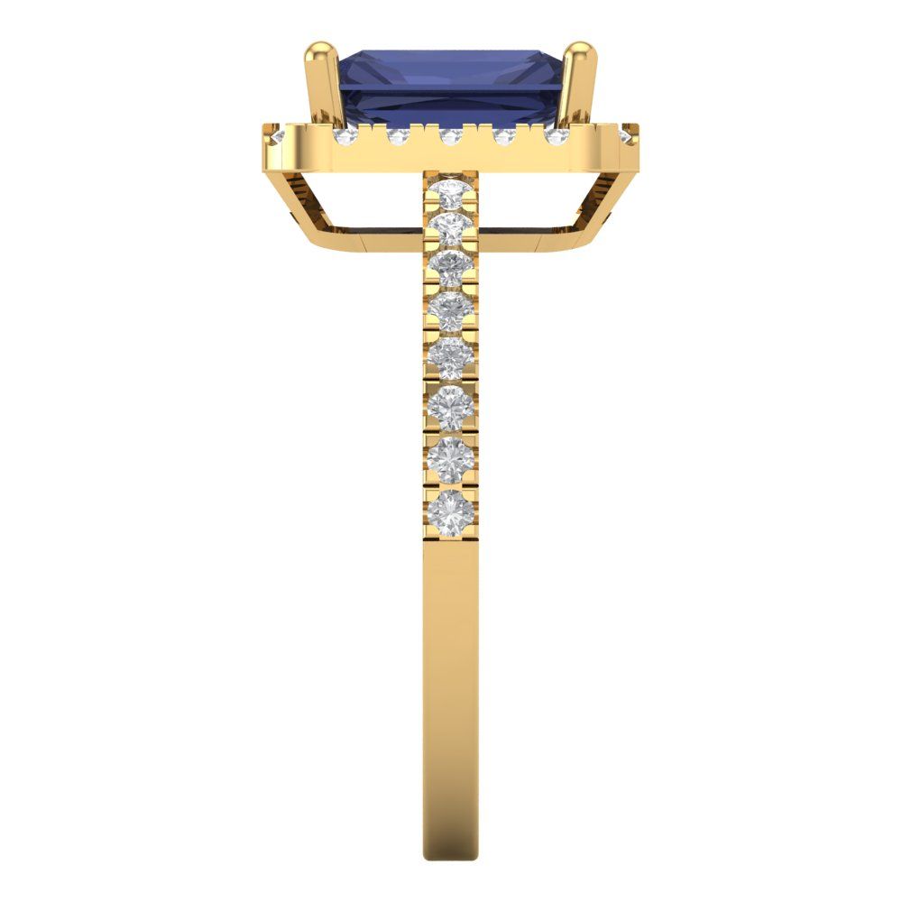 1.86 cttw Simulated Blue Sapphire Hidden Halo Engagement Ring - Solid Gold (Emerald Cut,7.5x5.5mm)
