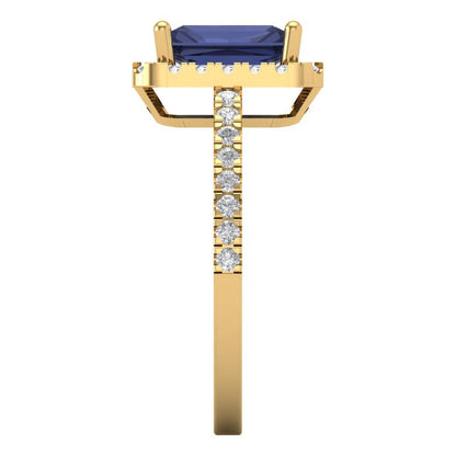1.86 cttw Simulated Blue Sapphire Hidden Halo Engagement Ring - Solid Gold (Emerald Cut,7.5x5.5mm)