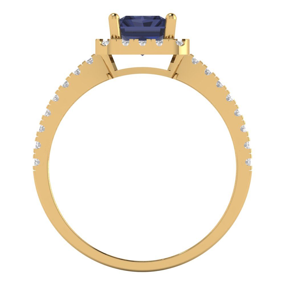 1.86 cttw Simulated Blue Sapphire Hidden Halo Engagement Ring - Solid Gold (Emerald Cut,7.5x5.5mm)