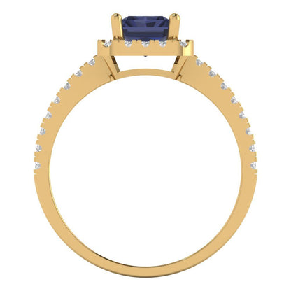 1.86 cttw Simulated Blue Sapphire Hidden Halo Engagement Ring - Solid Gold (Emerald Cut,7.5x5.5mm)