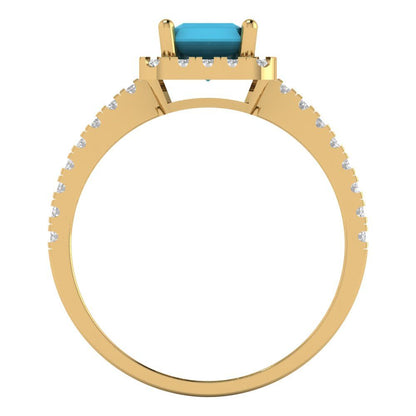 1.86 cttw Simulated Turquoise Hidden Halo Engagement Ring - Solid Gold (Emerald Cut,7.5x5.5mm)