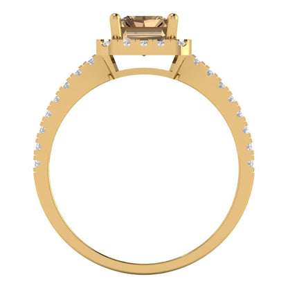 1.86 cttw Zirconia Simulated Champagne Diamond Hidden Halo Engagement Ring - Solid Gold (VVS1, Emerald Cut,7.5x5.5mm)