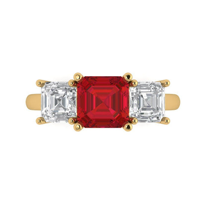 4 cttw Simulated Ruby Three-Stone Engagement Ring - Solid Yellow Gold (VVS1, Square Emerald Cut,7.0X7.0mm)