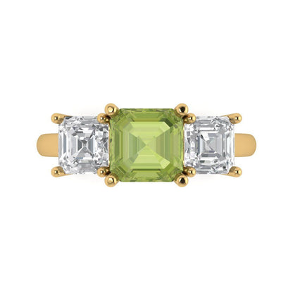 4 cttw Natural Peridot Three-Stone Engagement Ring - Solid Gold (Square Emerald Cut,7.0X7.0mm)