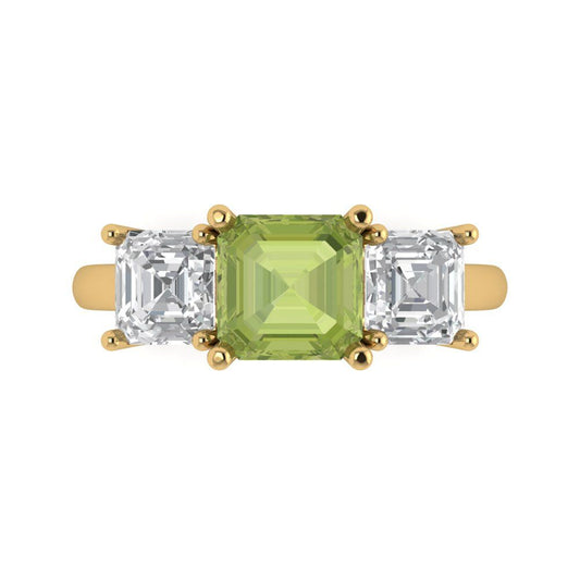 4 cttw Natural Peridot Three-Stone Engagement Ring - Solid Yellow Gold (VVS1, Square Emerald Cut,7.0X7.0mm)