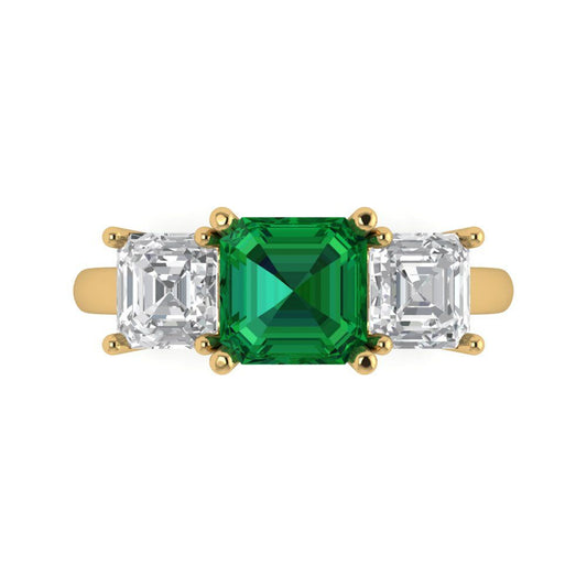 4 cttw Simulated Emerald Three-Stone Engagement Ring - Solid Yellow Gold (VVS1, Square Emerald Cut,7.0X7.0mm)