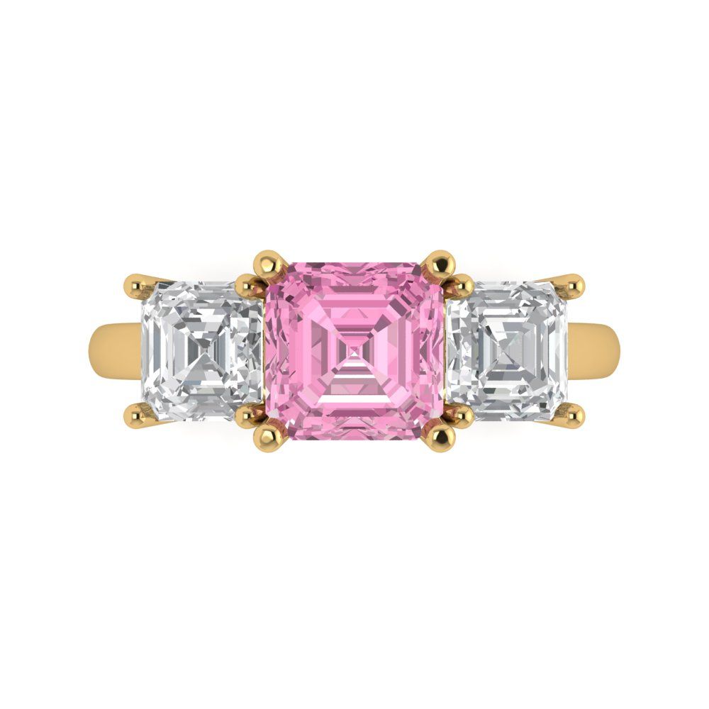 4 cttw Zirconia Simulated Pink Diamond Three-Stone Engagement Ring - Solid Gold (VVS1, Square Emerald Cut,7.0X7.0mm)