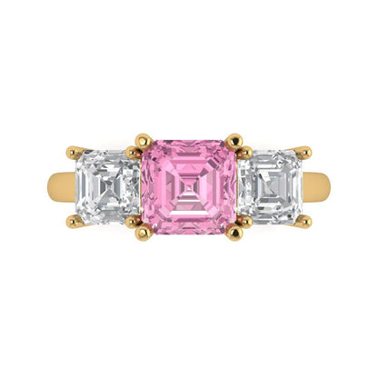 4 cttw Zirconia Simulated Pink Diamond Three-Stone Engagement Ring - Solid Gold (VVS1, Square Emerald Cut,7.0X7.0mm)