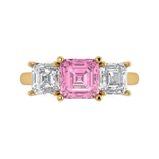 4 cttw Zirconia Simulated Pink Diamond Three-Stone Engagement Ring - Solid Yellow Gold (VVS1, Square Emerald Cut,7.0X7.0mm)