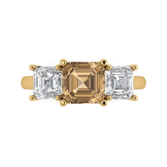 4 cttw Zirconia Simulated Champagne Diamond Three-Stone Engagement Ring - Solid Yellow Gold (VVS1, Square Emerald Cut,7.0X7.0mm)