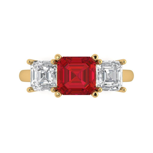 4 cttw Simulated Pink Tourmaline Three-Stone Engagement Ring - Solid Yellow Gold (VVS1, Square Emerald Cut,7.0X7.0mm)