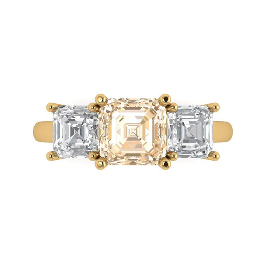 4 cttw Natural Morganite Three-Stone Engagement Ring - Solid Yellow Gold (VVS1, Square Emerald Cut,7.0X7.0mm)